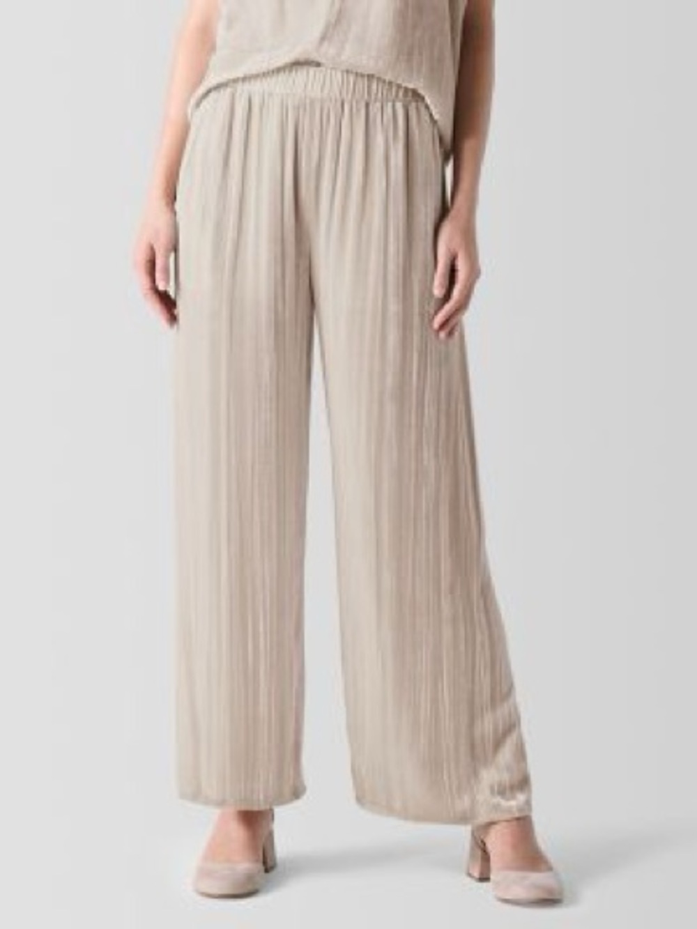 Eileen Fisher Crushed-Velvet Wide-Leg Ankle
Pants in Almond